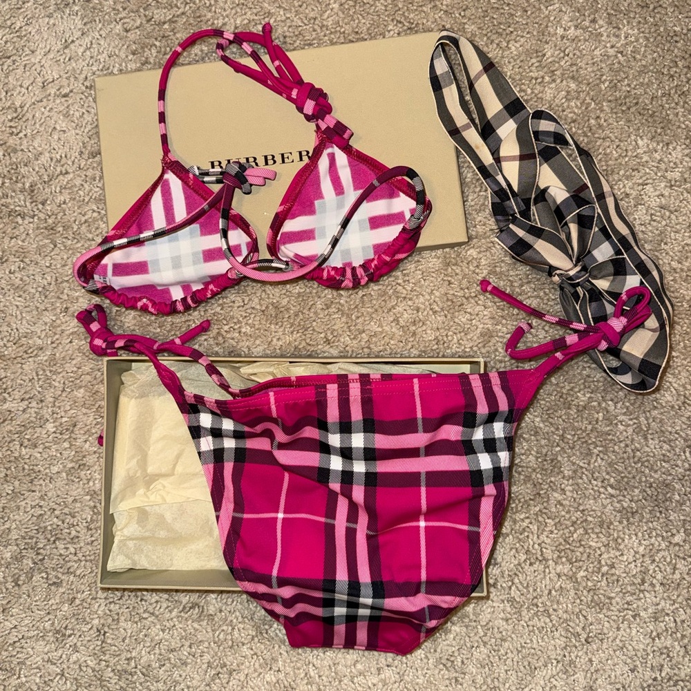 BURBERRY LONDON TRIANGLE BIKINI PINK BLACK NIB NWT SIZE XS - Picture 6 of 7